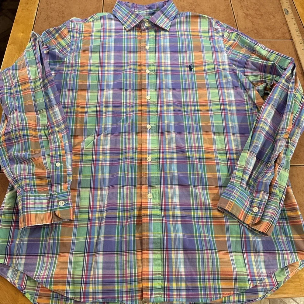 Polo Ralph Lauren Button Shirt Mens Sz XL Multicolor Madras Plaid Stretch Cotton